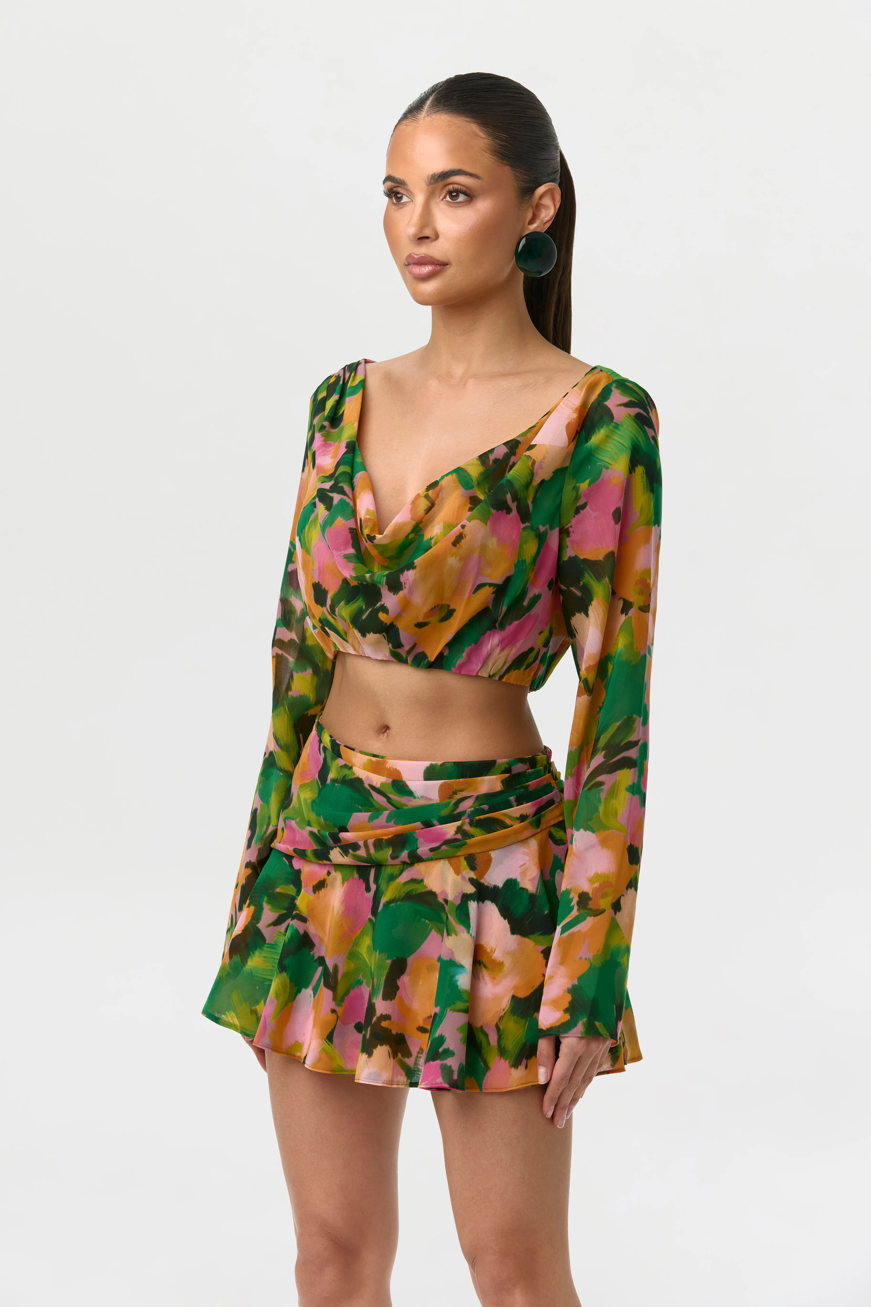 Chiffon Floral Cowl Crop Top - Image 2