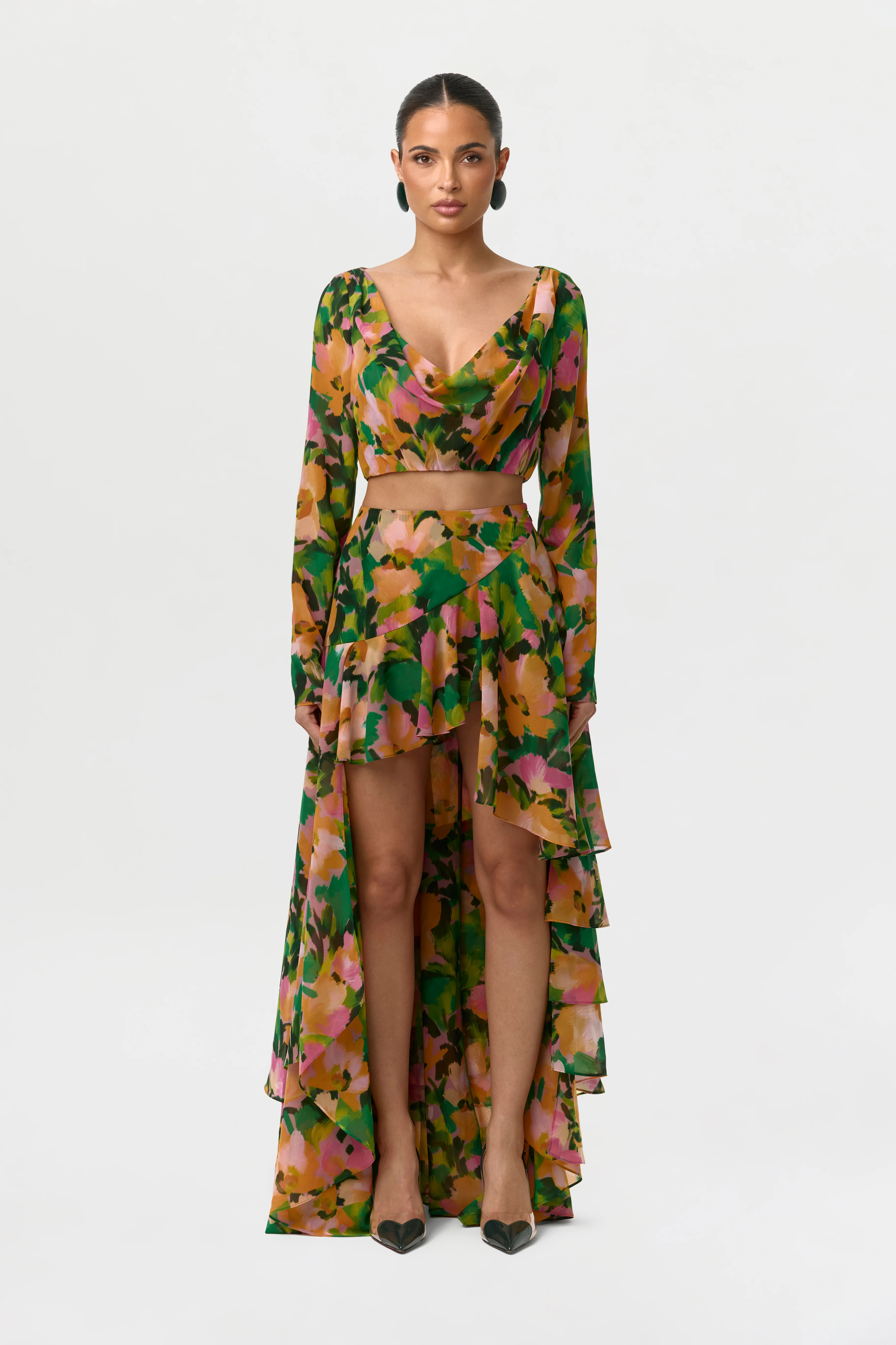 Chiffon Floral Cowl Crop Top - Image 5