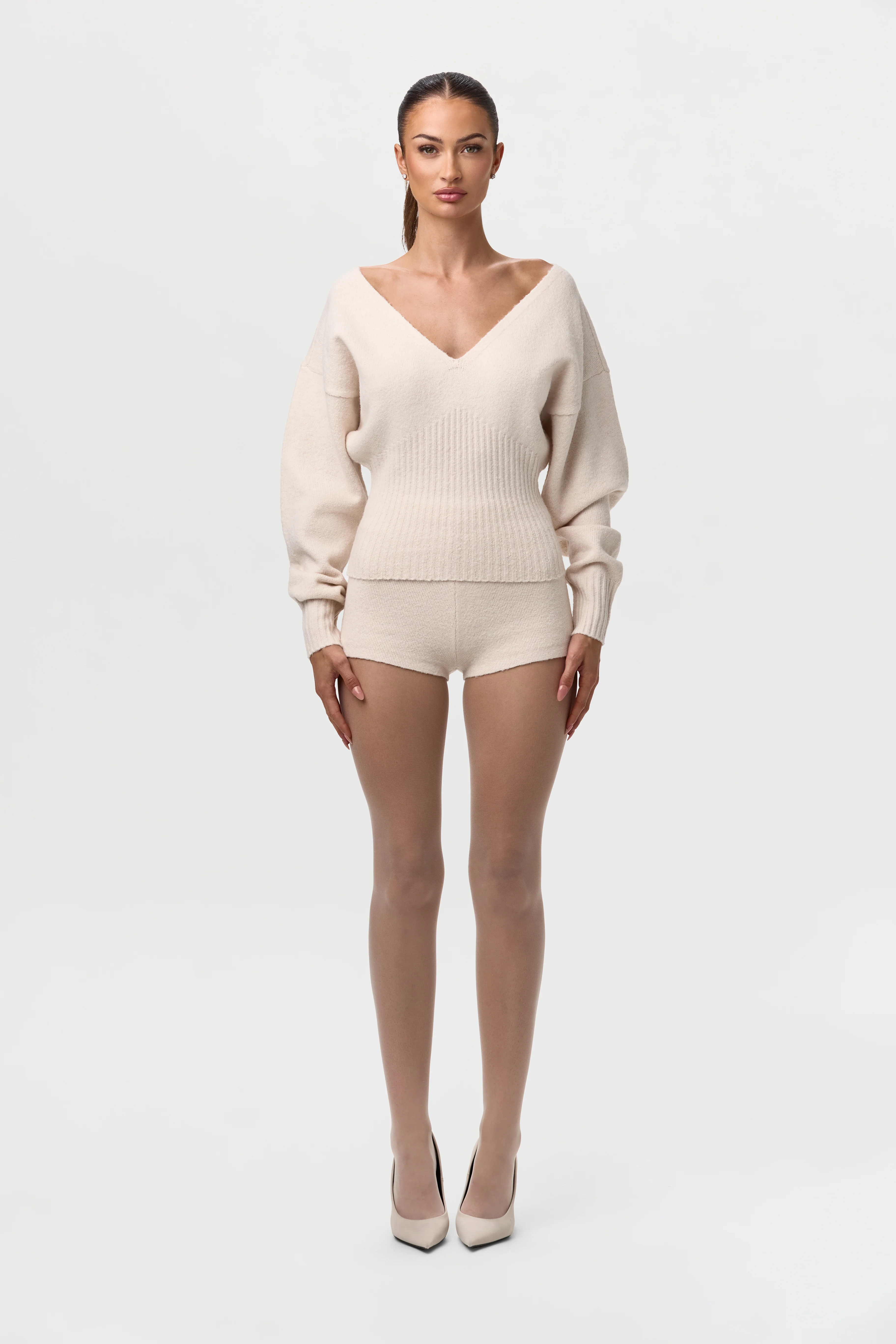 Knit V-Neck Cinched Waist Sweater - Image 2