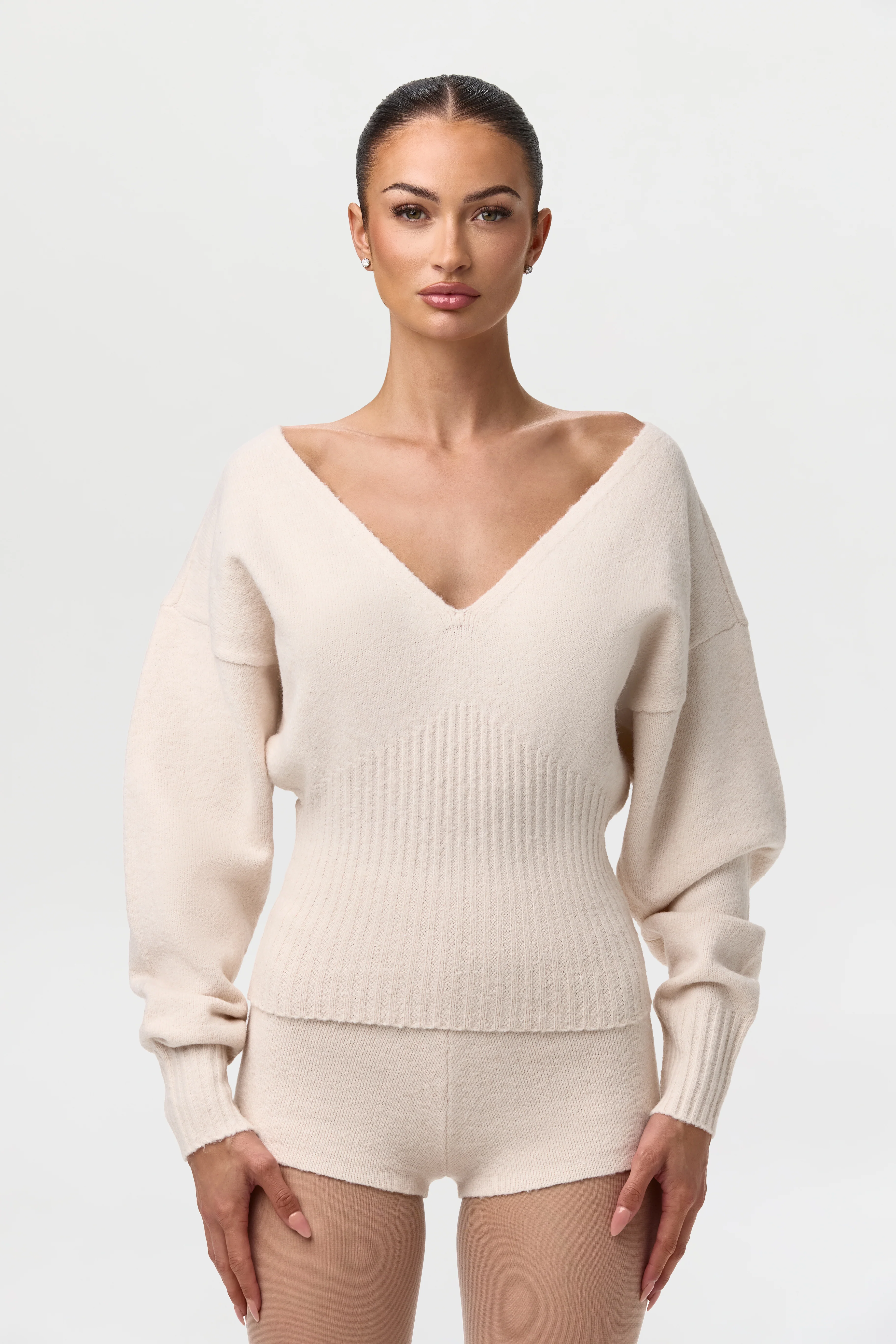 Knit V-Neck Cinched Waist Sweater - Image 3