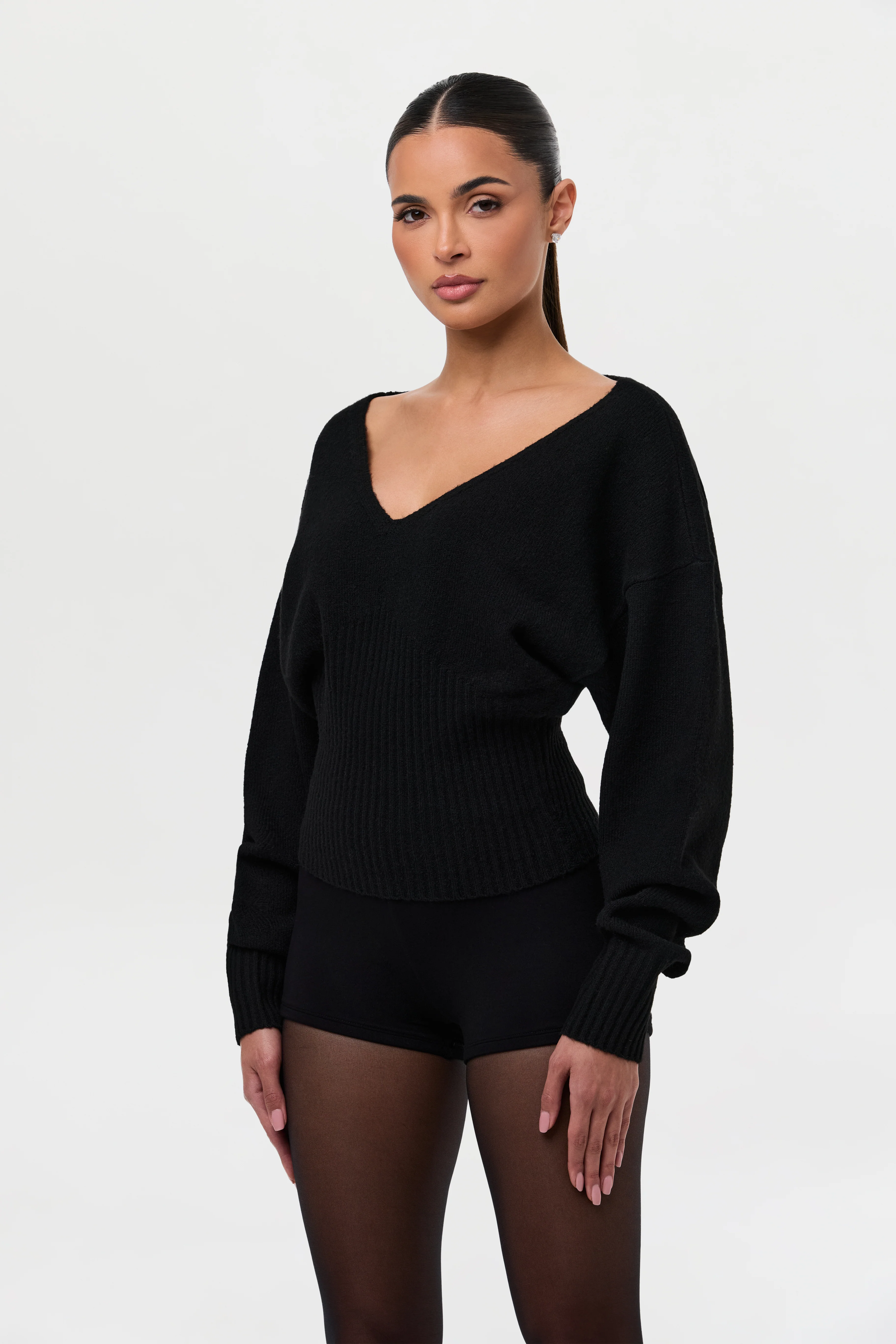 Knit V-Neck Cinched Waist Sweater - Image 7