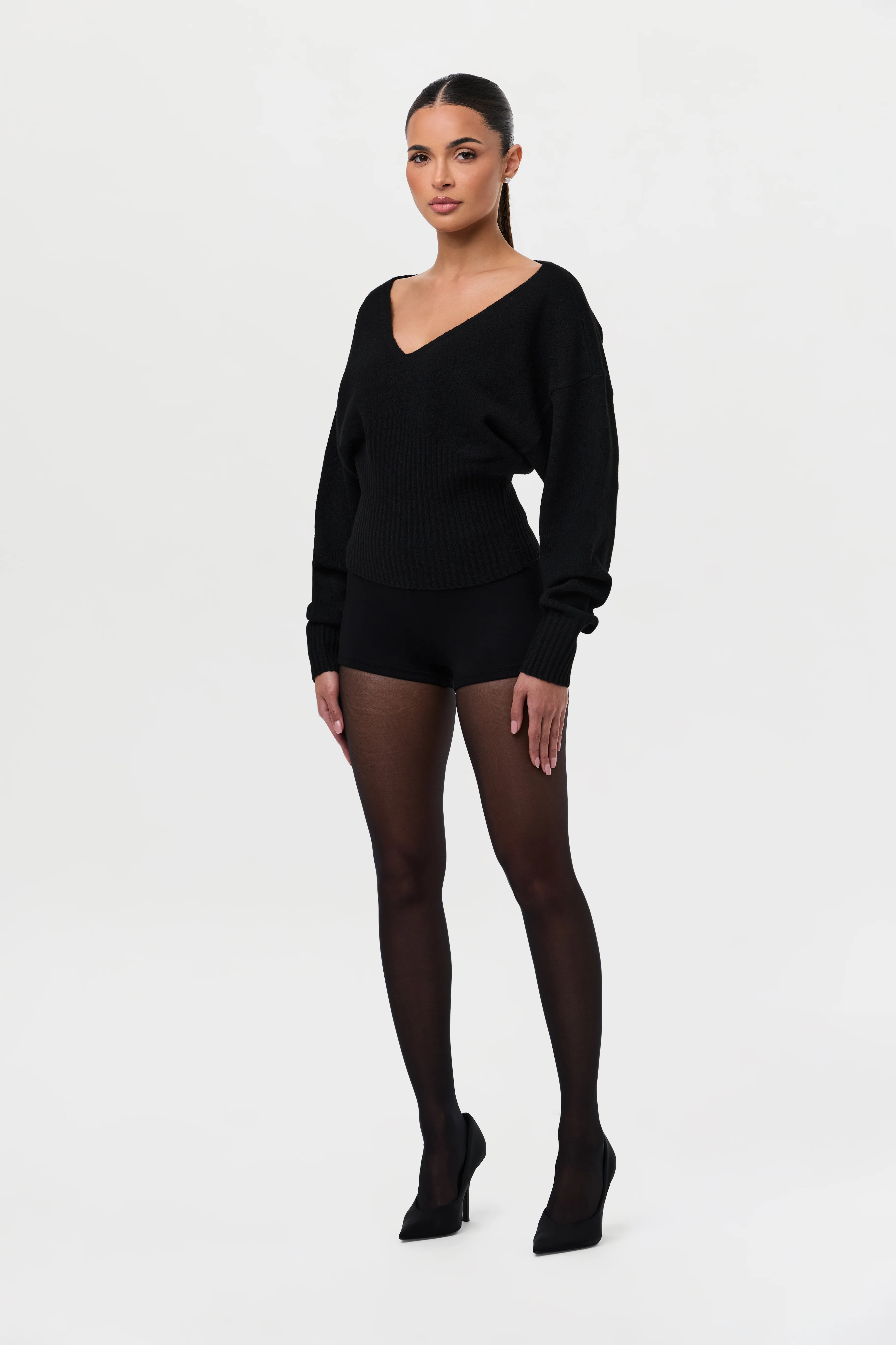Knit V-Neck Cinched Waist Sweater - Image 8