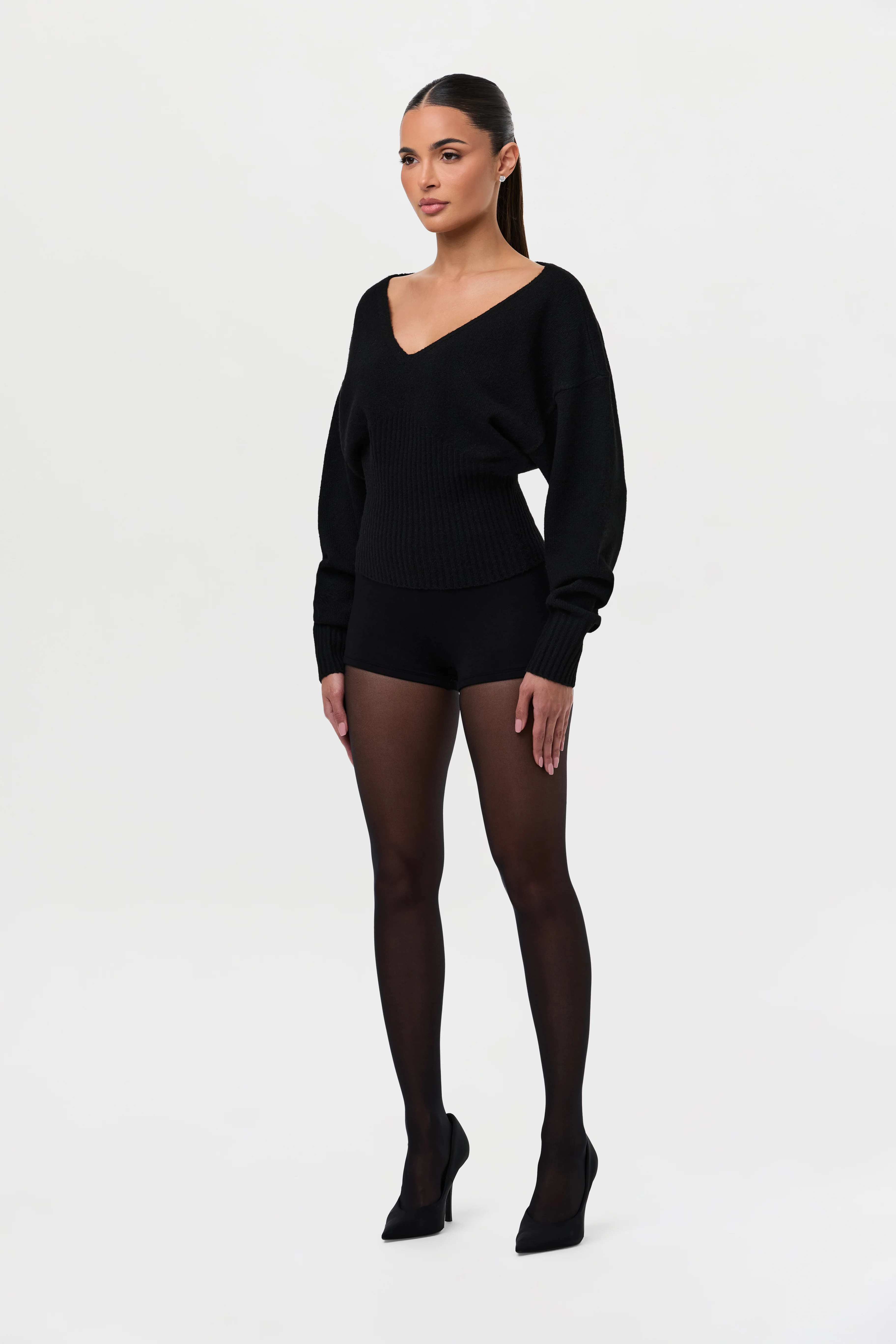 Knit V-Neck Cinched Waist Sweater - Image 9