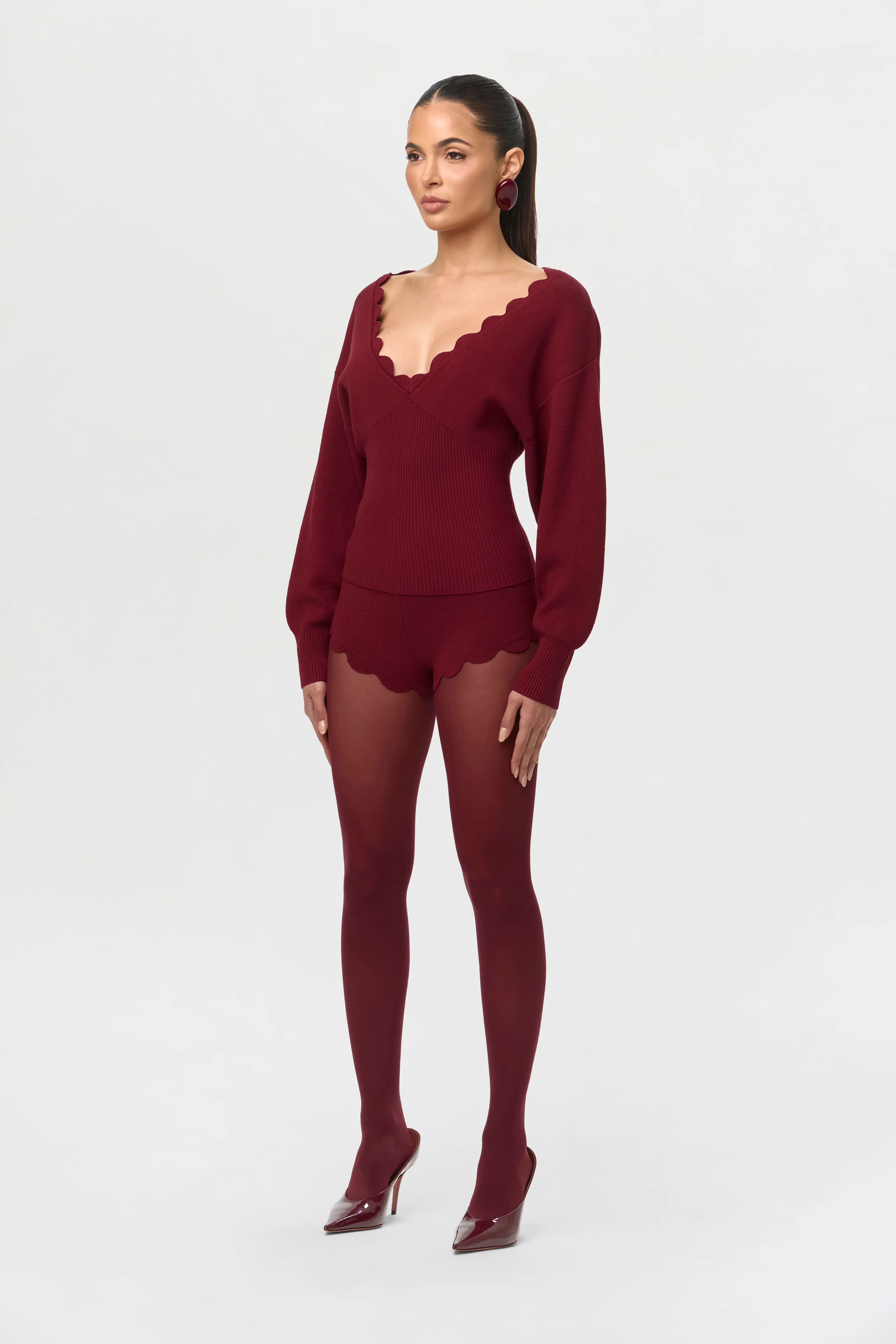 Ribbed-Knit V-Neck Scallop Sweater - Image 3
