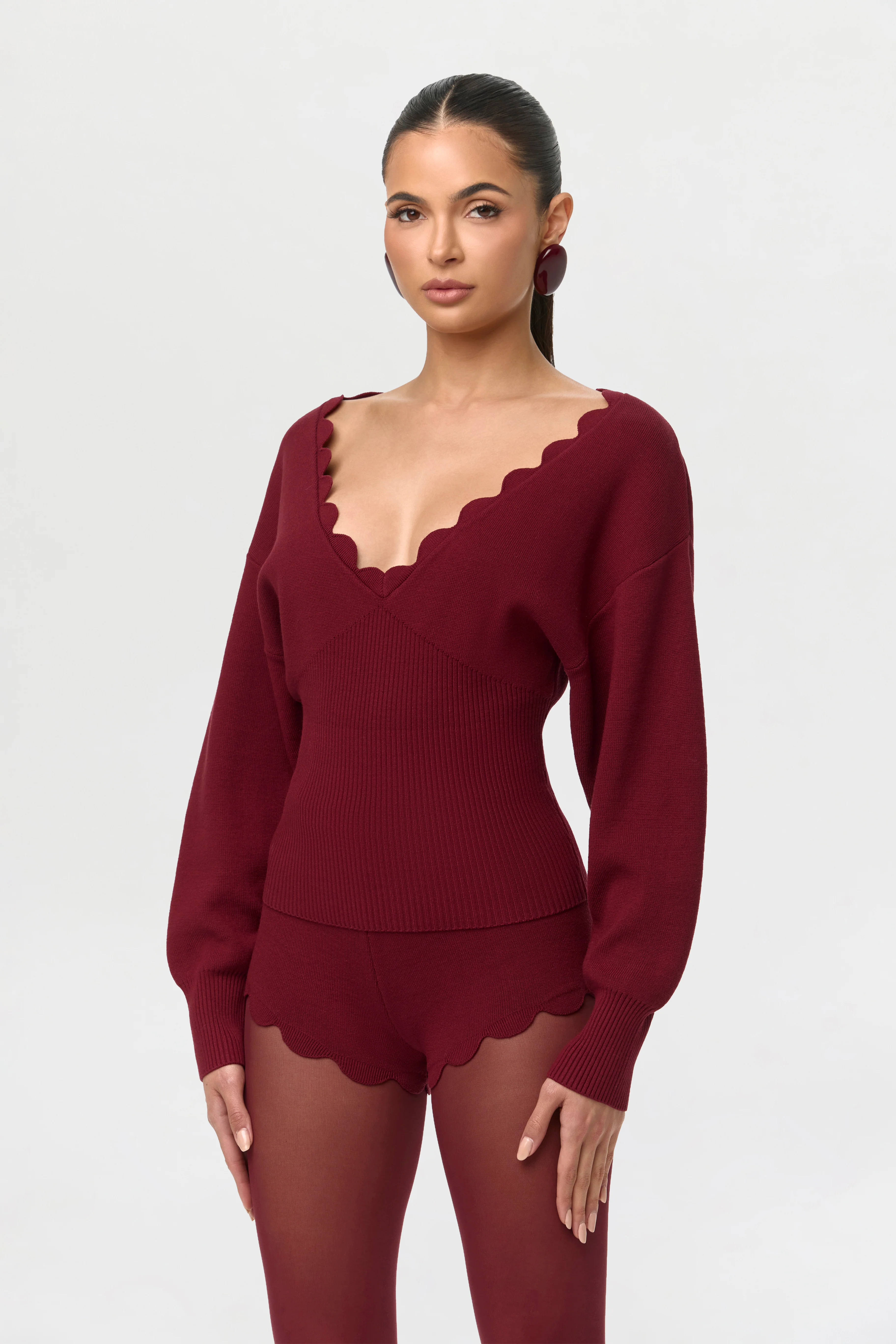 Ribbed-Knit V-Neck Scallop Sweater - Image 4