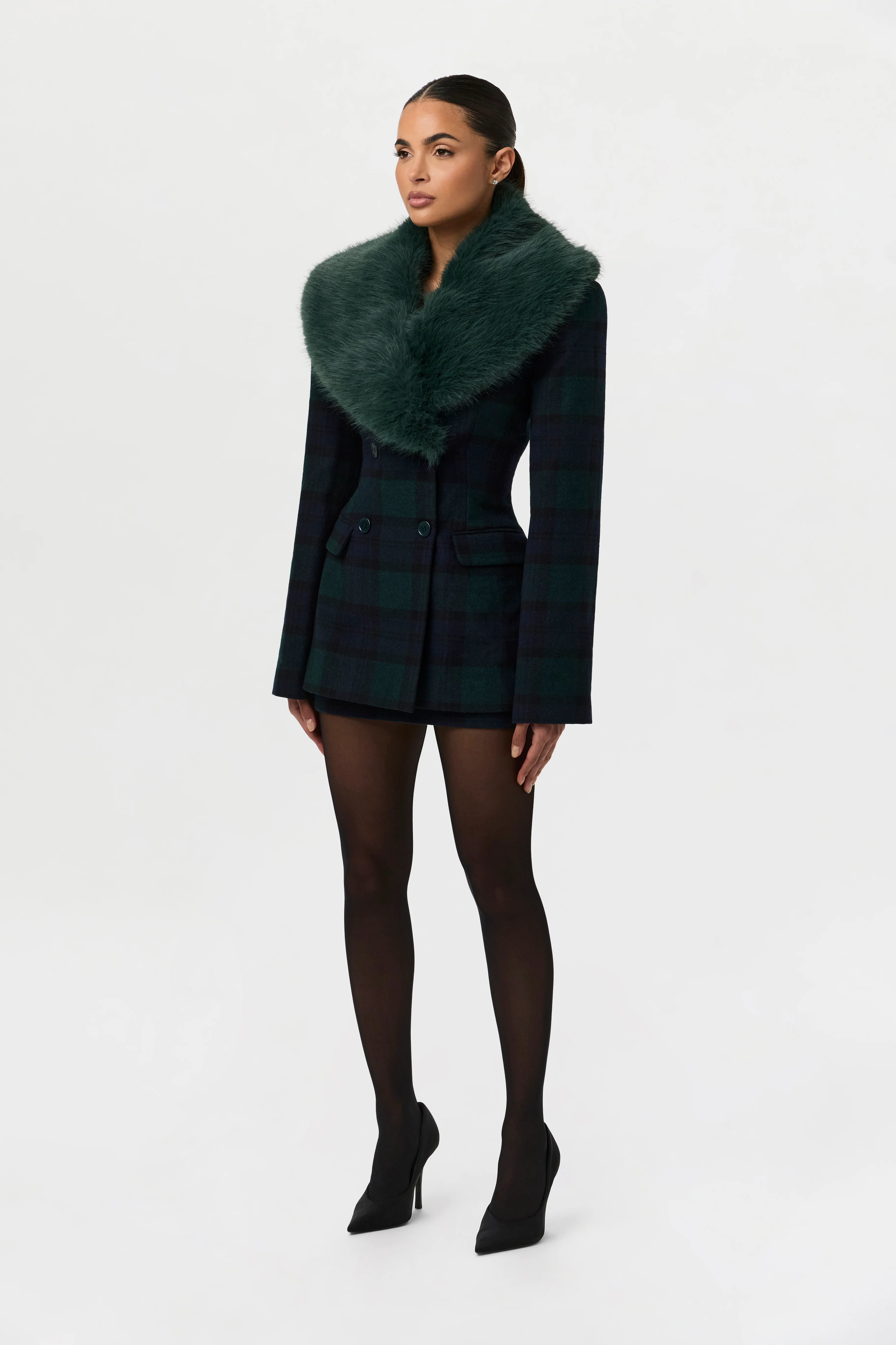 Suiting Plaid Faux Fur Blazer - Image 7