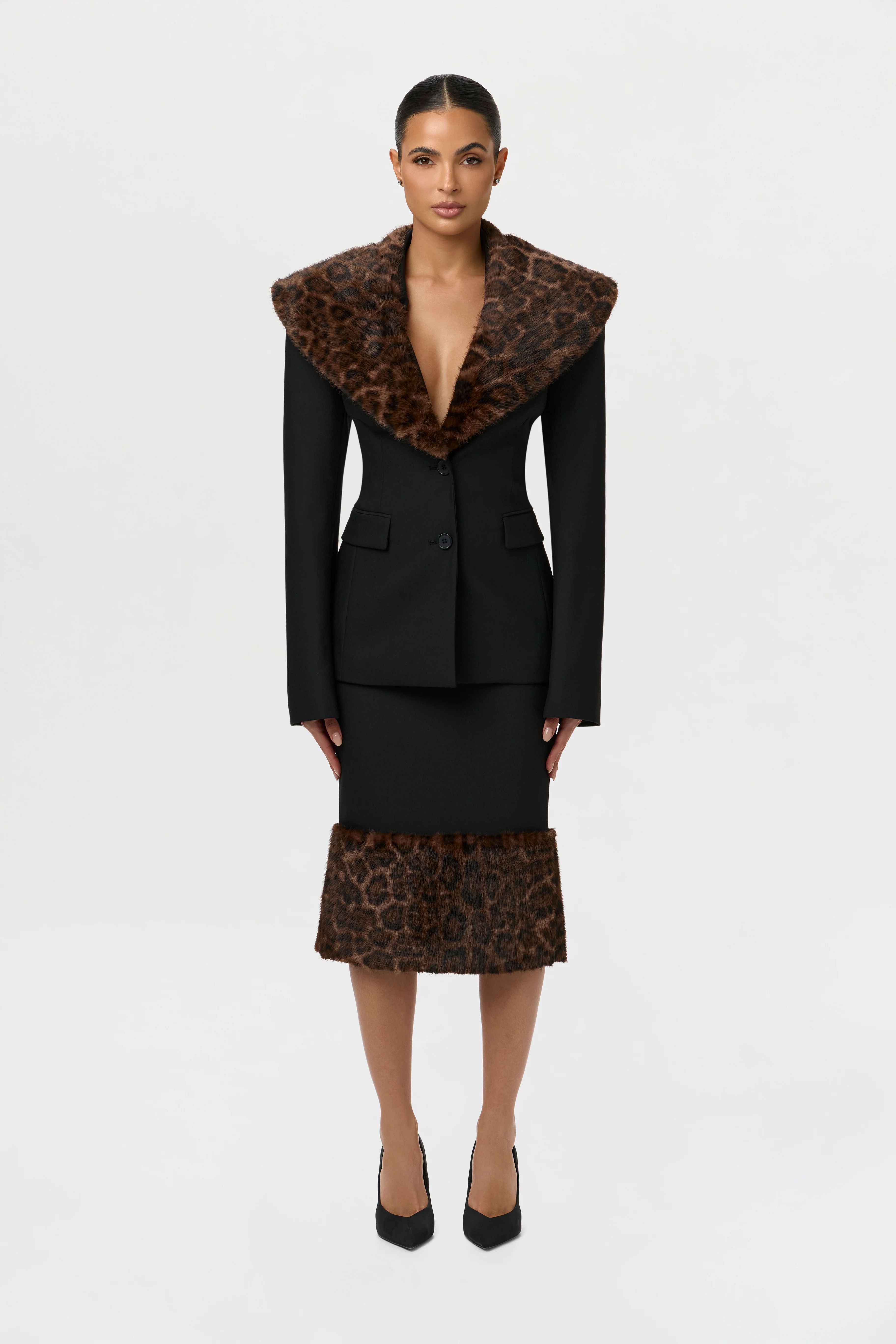 Suiting Faux Fur Leopard Midi Skirt - Image 2